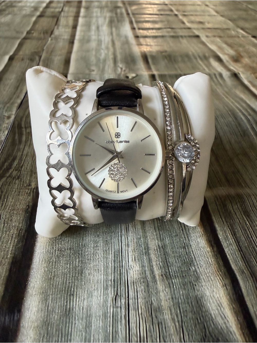 Daisy Fuentes Silver-Tone Watch and Bracelet Set with Black Strap